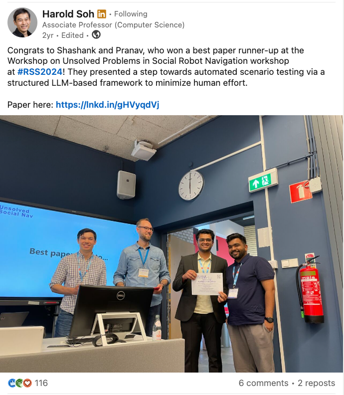 LinkedIn post: SocRATES wins Best-Paper Runner-Up at RSS 2024
